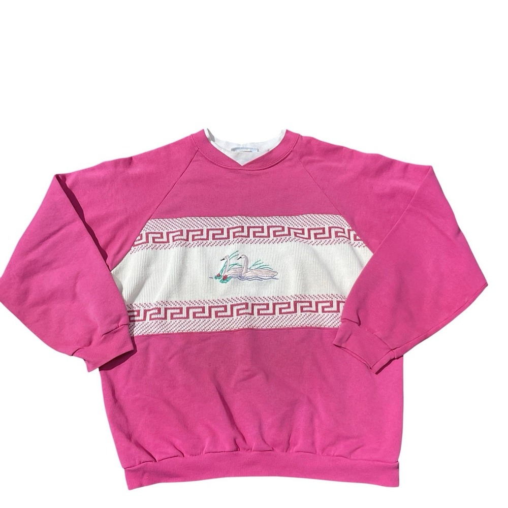 Vintage Great Lakes Sweatshirt Embroidered Cottage Granny Large Swan Pink Kitchy